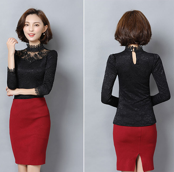 Áo len công sở phối ren hình vương niệm sang trọng