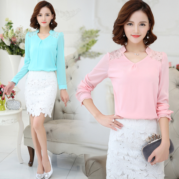 Áo voan công sở phối ren cổ sơ đứng