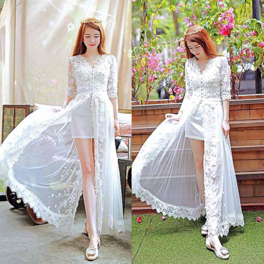 đầm maxi ren xẻ tà