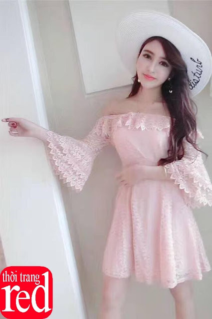 Đầm ren dạ hội xòe rớt vai nữ tính