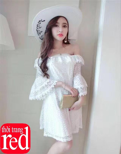 Đầm ren dạ hội xòe rớt vai nữ tính