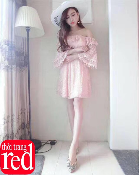 Đầm ren dạ hội xòe rớt vai nữ tính