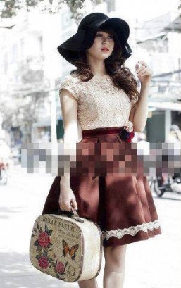 Đầm ren nữ áo ren chân váy xếp ly 