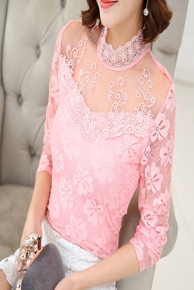 Áo ren phối lưới cổ cao viền ren đính đá dể thương Áo ren phối lưới cổ cao viền ren đính đá dể thương