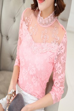 Áo ren phối lưới cổ cao viền ren đính đá dể thương Áo ren phối lưới cổ cao viền ren đính đá dể thương