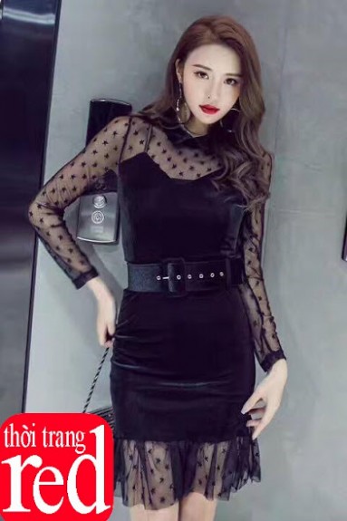 Đầm ôm body đuôi cá phối ren ngôi sao cổ sơ mi đang thịnh