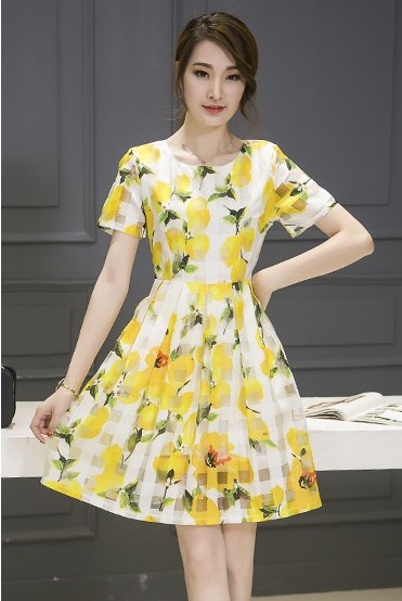 Đầm ren nữ chân váy xếp ly áo cổ tròn in hình trái xoài dể thương Đầm ren nữ chân váy xếp ly áo cổ tròn in hình trái xoài dể thương
